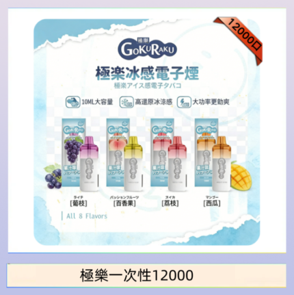 【8種口味】極楽 12000口一次性電子煙|超大容量 |口感絲滑|新品